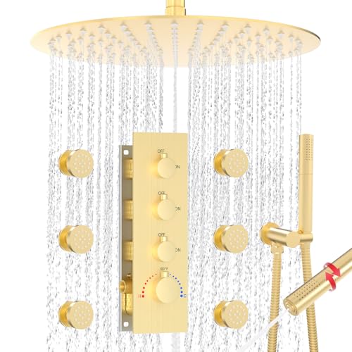 HOMEDEC 16" Round Ceiling Mounted Rainfall Shower System, 3 Way Shower Diverter Valve with 2-Function Handheld Shower and Body Jets, Brushed Gold - color: Brushed Gold, style: 3-Way
