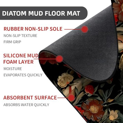 Bath Mat-Bathroom Rug，Moth Moon Mushrooms Flowers Non Slip Quick Dry Stain Resistant Easy to Clean Care Shower Rug for Bathtub Shower Room 17×27.5Inch (43 * 70cm) - color: Moth Moon Mushrooms Flowers, size: 17 x 27.5 inches