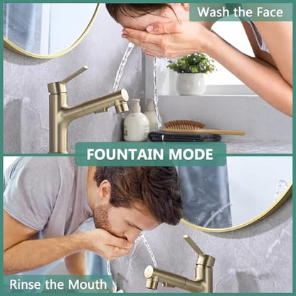 Bathroom Sink Faucet with Pull Out Sprayer, Single Handle Modern Bathroom Basin Faucet with Pop-up Sink Drain Stopper & Deck Plate 1 or 4-inch Centerset 3 Hole, Gold - color: Gold