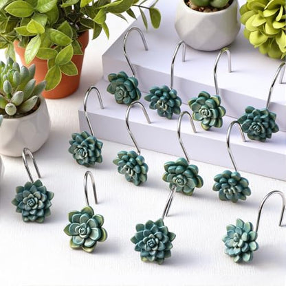 12 Pcs Succulents Plants Decorative Cute Shower Curtain Hooks Mini Succulents Green Shower Curtain Rings Bulk Hanger Stainless Steel Resin Plant Theme Hooks for Bathroom Bedroom Home Decor - style: Succulents Plant