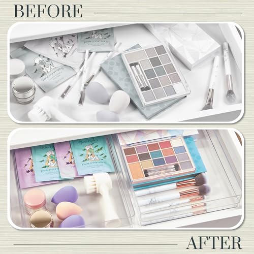 STORi SimpleSort 2-Piece Stackable Clear Drawer Organizer Set | 15" x 6" x 2" Rectangle Trays | Wide Makeup Vanity Storage Bins and Office Desk Drawer Dividers | Made in USA - size: 15x6x2"