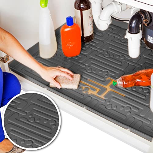 XTREME MATS Waterproof Undersink Mat (Grey 28" 1/4 x 22 1/4) Cabinet Base Liner for Kitchen & Laundry Cabinets Catches Leaks Prevents Damage Flexible Sink Driptray - color: Gray, size: 28" 1/4 x 22" 1/4)