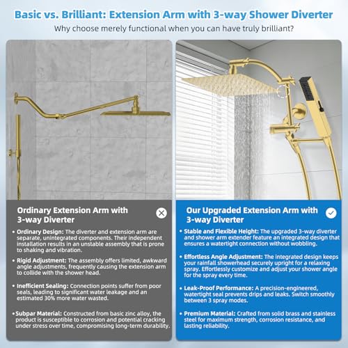 Hibbent All Metal CUPC Certified 10'' Rain Shower Head, Dual Shower Head Combo, High Pressure Handheld 4 Sprays Shower Wand, 16'' Adjustable Extension Arm, 71'' Hose, Shower Holder, Brushed Gold - color: Brushed Gold, style: Square 10''