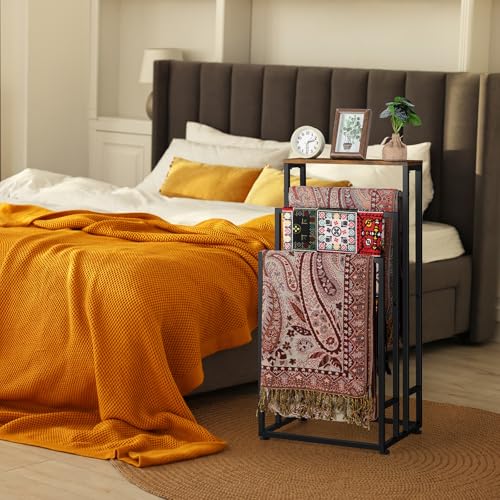 Standing Towel Rack 3 Tier Small Towel Blanket Ladder Holder Stand | For Bathroom Bedroom Living Room, Metal, Farmhouse, with Storage Shelf, Black Brown - color: Black+brown