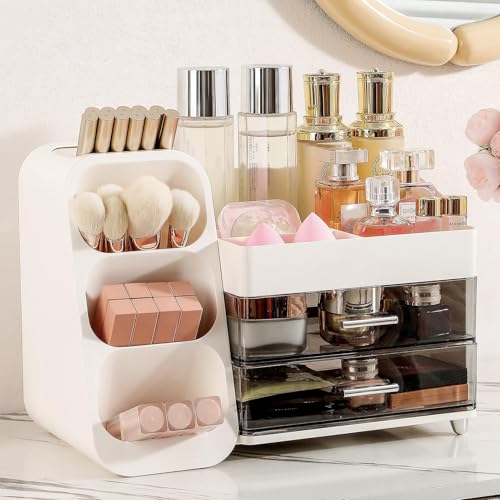 Aveniee Makeup Organizer with Drawers for Vanity, Big Cosmetic Display Case with Makeup Brush Holder, Bathroom Coutertop Organizers and Storage for Skincare Beauty Essentials (White) - color: White