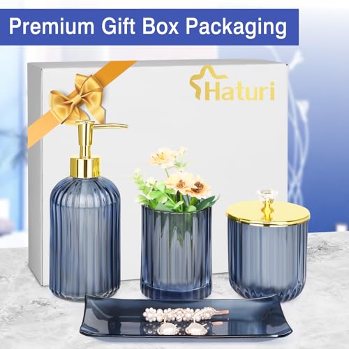 Haturi Glass Bathroom Accessories Set, Blue Bathroom Set, 4 Pcs | Kit w/ Bathroom Soap Dispenser Set, Toothbrush Holder, Qtip Holder, Vanity Tray, Blue Bathroom Decor, Gift for Home Apartment - style: Blue