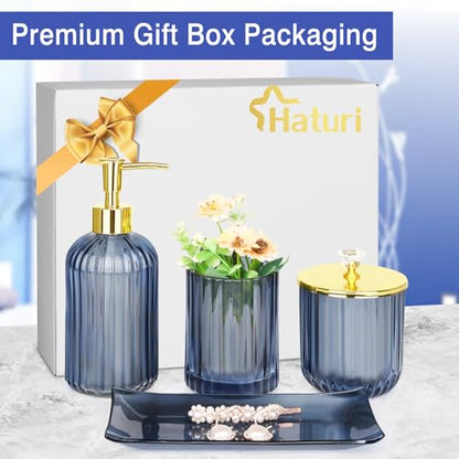 Haturi Glass Bathroom Accessories Set, Blue Bathroom Set, 4 Pcs | Kit w/ Bathroom Soap Dispenser Set, Toothbrush Holder, Qtip Holder, Vanity Tray, Blue Bathroom Decor, Gift for Home Apartment - style: Blue