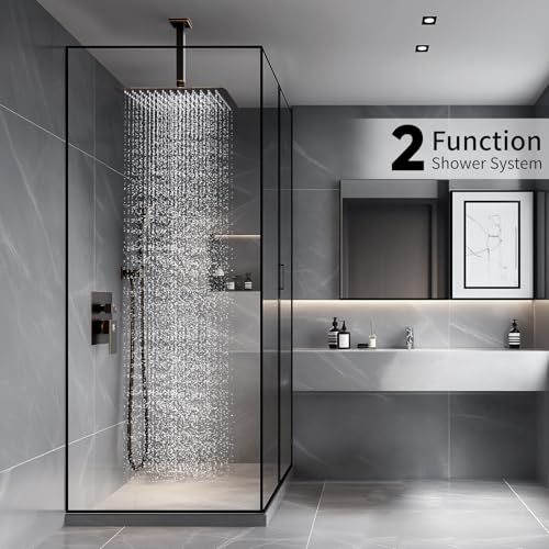 SR SUN RISE 12 Inch Oil Rubbed Bronze Shower System Brass Bathroom Luxury Rain Mixer Shower Combo Set Ceiling Mounted Rainfall Shower Head System Faucet Trim Repair Kits with Rough-In Valve and Trim - color: Oil Rubbed Bronze, style: 12 inch
