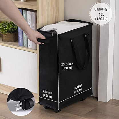 45L Slim Rolling Laundry Basket with Wheel & Adjustable Long Handles, Black | Small Laundry Baskets with Mesh Top, Narrow Dirty Clothes Hamper for Bedroom, Closet, and Bathroom - color: Black - Rolling, size: 45L