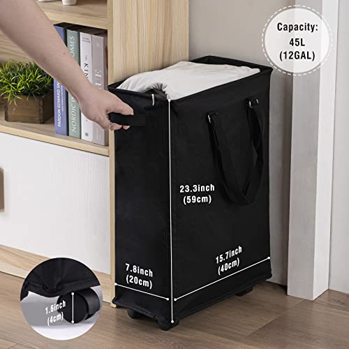 45L Slim Rolling Laundry Basket with Wheel & Adjustable Long Handles, Black | Small Laundry Baskets with Mesh Top, Narrow Dirty Clothes Hamper for Bedroom, Closet, and Bathroom - color: Black - Rolling, size: 45L