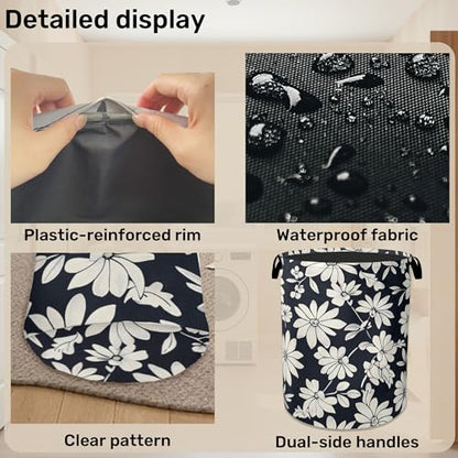 Black White Daisy Laundry Basket - Heavy Duty 60L Dirty Clothes Organizer, Water Resistant Foldable Hamper for Men Women - color: Black White Daisy