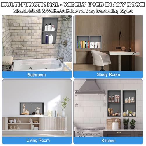 304 Stainless Steel Shower Niche Insert-24 x 12" No Tile Needed Bathroom Niche for Shower Wall-Double Shelves Built in Shower Shelf-Waterproof Recessed Cabinet for Bathroom Living Room Study Kitchen