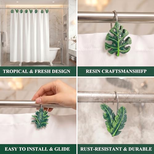 Leaves Shower Curtain Hooks - Modern Tropical Leaf Green Plant Leaf Decorative Stainless Steel Shower Rings Hangers for Mother Daughter Sister Friends Bathroom Accessories