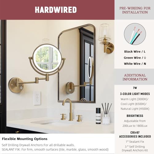8" Lighted Makeup Mirror Wall Mounted with Magnification, Antique Brass | 2 Sided, 1X/5X Magnifying, 3-Color Lighting, Touch Dimming, Extended Arm, 360 Rotation, Bathroom Vanity Cosmetic, Hardwired - color: Antique Brass