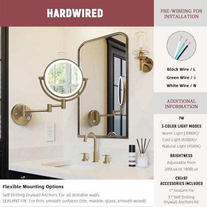 8" Lighted Makeup Mirror Wall Mounted with Magnification, Antique Brass | 2 Sided, 1X/5X Magnifying, 3-Color Lighting, Touch Dimming, Extended Arm, 360 Rotation, Bathroom Vanity Cosmetic, Hardwired - color: Antique Brass
