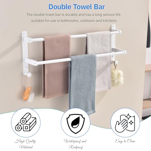 White Double Towel Rack with Hooks, 24 Inch Stainless Steel Towel Rails, Wall Mounted Bathroom Towel Holder - color: White, size: 24-Inch