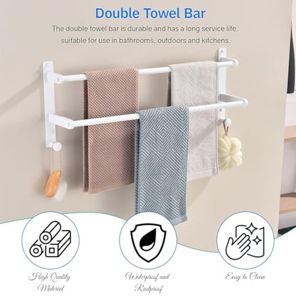 White Double Towel Rack with Hooks, 24 Inch Stainless Steel Towel Rails, Wall Mounted Bathroom Towel Holder - color: White, size: 24-Inch