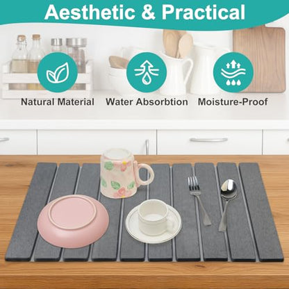 3Pcs Water Absorbing Stone Drying Mats for Kitchen Counter Diatomite Dish | Large Fast Dry Stone Sink Mat Dish Drying Matt Pad Bathroom Trays Countertop Black Diatomaceous Earth Dish Draining Mat - color: Dark Gray