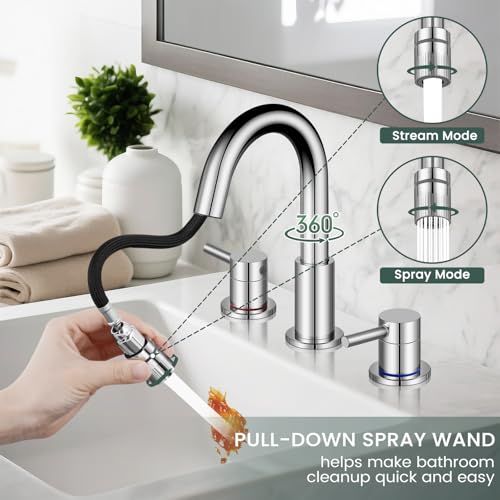 8 Inch Pull Down Bathroom Faucet 3 Hole,Chrome Bathroom Sink Faucet | Stainless Steel,Pull Down Sprayer,Chrome,3 hole Widespread,with Pop-up Drain,Water Supply Hoses,Two Water Flow Modes - color: A-Chrome