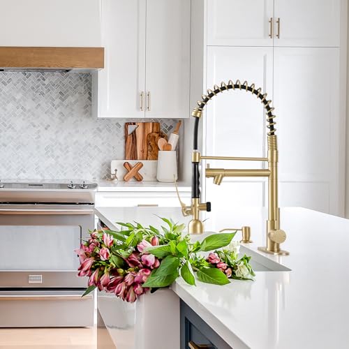 Fapully Commercial Kitchen Faucets with Pull Down Sprayer Brushed Gold LED | Single Handle Faucet for Kitchen Sink, Kitchen Faucet with Soap Dispenser and Deck Plack for 4 Hole - color: Brushed Gold, style: Rustic