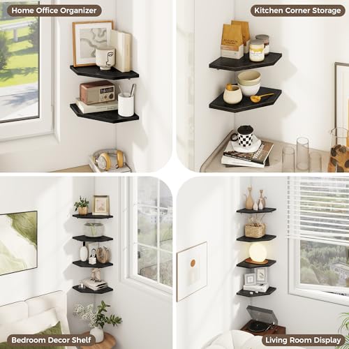 Floating Shelves 4-Pack for Bathroom & Kitchen, Space-Saving Floating Corner Wall Shelf with Easy Installation- Black