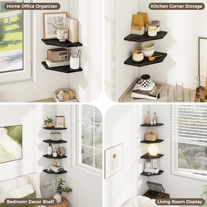 Floating Shelves 4-Pack for Bathroom & Kitchen, Space-Saving Floating Corner Wall Shelf with Easy Installation- Black