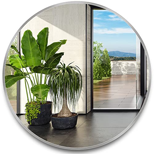 36 Inch Silver Tempered Glass Round Mirror,Bathroom Mirror,Metal Frame Vanity Mirror,Circle Wall Mirror for Bathroom Bedroom Living Room Entryways Washrooms - color: Silver-round, size: 36"L x 36"W