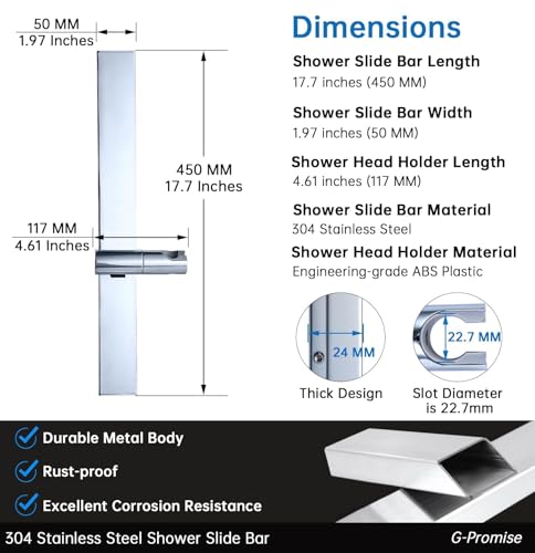 G-Promise No Drilling Metal Shower Slide Bar with Head Holder (Chrome) | No Drilling Installation, Strong Adhesive Mount, Metal Slide Bar, Height and Angle Adjustable Holder - color: Chrome