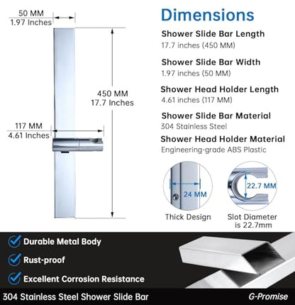 G-Promise No Drilling Metal Shower Slide Bar with Head Holder (Chrome) | No Drilling Installation, Strong Adhesive Mount, Metal Slide Bar, Height and Angle Adjustable Holder - color: Chrome