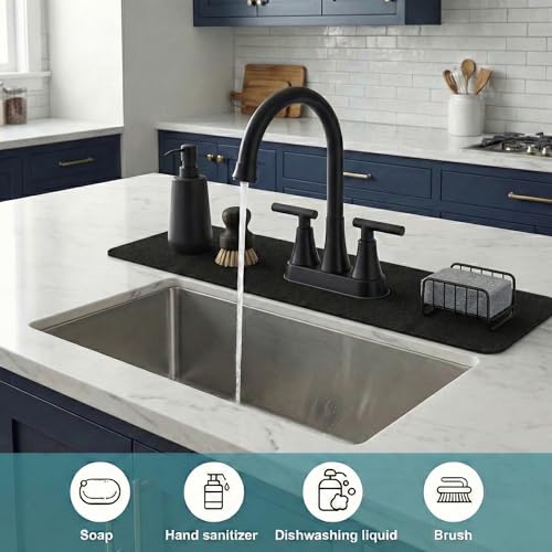 2PCS Absorbent Mat for Bathroom 4IN Centerset Oval-Hole Faucet-23.5" Lx4.5 | Splash Guard for 2-Handle Faucet Sink 3 holes - Cuttable Kitchen Counter Protector Drip Catcher for Irregular Sink, Black