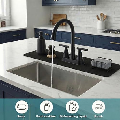 2PCS Absorbent Mat for Bathroom 4IN Centerset Oval-Hole Faucet-23.5" Lx4.5 | Splash Guard for 2-Handle Faucet Sink 3 holes - Cuttable Kitchen Counter Protector Drip Catcher for Irregular Sink, Black