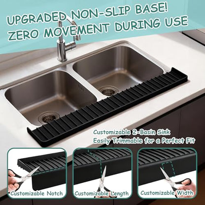 Silicone Sink Edge Protector Splash Guard,Sink Granite Edge Protector,30x4 Inch with Suction Cups & 5°Tilt, Cuttable for Kitchen Bathroom Countertops, Granite Quartz Surfaces (Black)