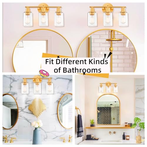 WISBEAM 3-Light Bathroom Vanity Light Over Mirror, Gold Bathroom Wall Sconce with Clear Glass Shade Including E26 Medium Base, Bulb NOT Included - color: Gold, size: VNT004