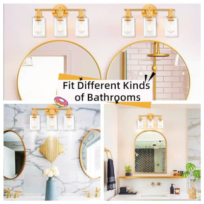 WISBEAM 3-Light Bathroom Vanity Light Over Mirror, Gold Bathroom Wall Sconce with Clear Glass Shade Including E26 Medium Base, Bulb NOT Included - color: Gold, size: VNT004