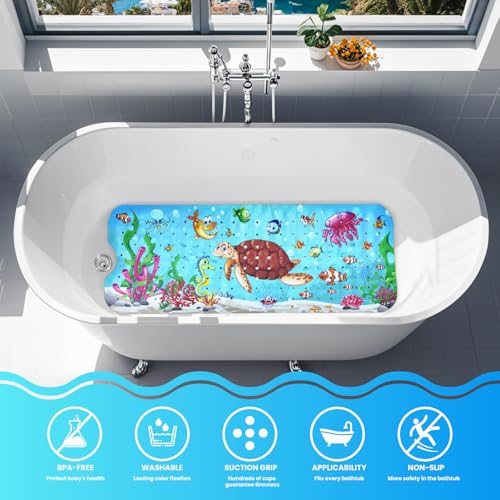 Baby Bath Tub Mat, 40 x 16 Inch Extra Large Non Slip Kids Cartoon Bathtub Shower Mats with Suction Cups & Drain Holes, Machine Washable for Bathroom, Undersea Sea Turtle - color: Undersea-sea Turtle