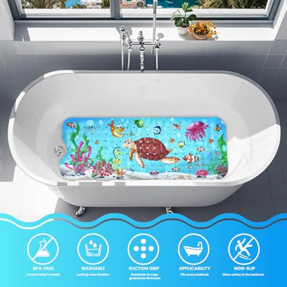 Baby Bath Tub Mat, 40 x 16 Inch Extra Large Non Slip Kids Cartoon Bathtub Shower Mats with Suction Cups & Drain Holes, Machine Washable for Bathroom, Undersea Sea Turtle - color: Undersea-sea Turtle