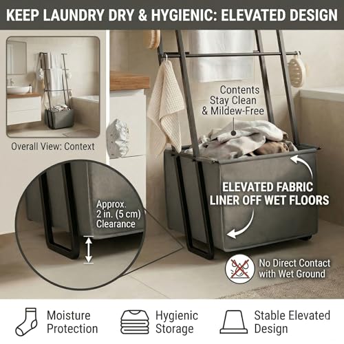2-in-1 Leaning Blanket Ladder with Storage Basket, Matte Black Metal Towel Rack Stand, Drill-Free Space Saving Organizer for Bathroom & Bedroom Throws, 63" - color: Black With Bag