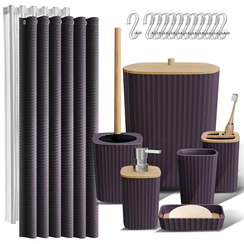 Clara Clark Purple Bathroom Set, Shower Curtain Set, Bathroom Accessory Set | 20 Piece Bathroom Accessories Set with Toothbrush Holder, Soap Dispenser, Soap Dish, Toilet Brush, and Bathroom Trash Can - color: Purple, size: Complete Set