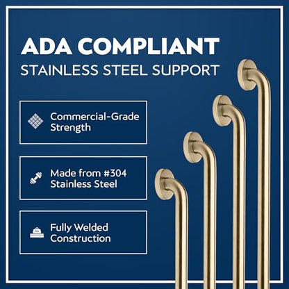 Shower Grab Bars 4 Pack – Complete Bathroom Safety Starter Bundle for Seniors – 16", 18", 24", 32" Lengths, 1.25" Diameter, 500 lb Rated – All-in-One Grab Bar Shower Safety Solution – Brushed Brass - color: Brushed Brass