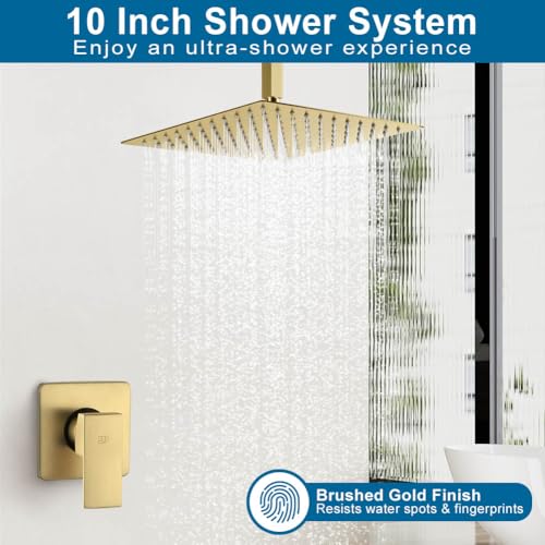 Ceiling Mount Shower Faucet Set Brushed Gold Bathroom Rainfall 10 Inch Shower Head System Single Handle Shower Trim Kit with Valve - color: Brushed Gold, size: 10 Inch (Ceiling Mount)