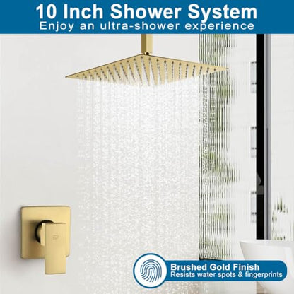 Ceiling Mount Shower Faucet Set Brushed Gold Bathroom Rainfall 10 Inch Shower Head System Single Handle Shower Trim Kit with Valve - color: Brushed Gold, size: 10 Inch (Ceiling Mount)