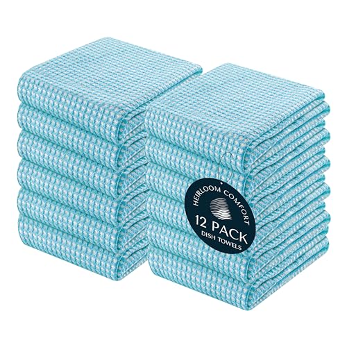 12 Pack Dual Tone Waffle Weave Kitchen Towels, 16x26 Inch, 100% Cotton, Super Absorbent, Fast Dry Dishcloth Set, Soft and Durable, Aqua Blue - color: Aqua Blue, size: 16 x 26 - Pack of 12