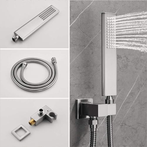 Iriber Brushed Nickel Square Rain Shower System with 4 PCS Body Jets 3 Function Shower Faucet Set Wall Mounted Pressure Balance Shower Trim Kit (Valve Included) - color: Brushed Nickel 03
