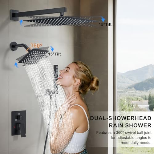 Rain Shower System 12" & 6" Dual Shower Heads, Wall Mount Shower Faucet Set | Ideal for bathroom remodels and upgrades with 12" rain shower, 6" angled shower, handheld spray and complete valve kit. - color: Matte Black, size: Wall Mounted - 12"+6" Shower