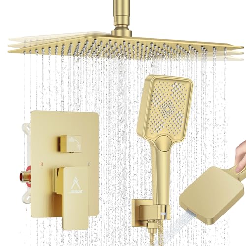 Shower System 12IN Modern Rain Brass Faucet Set With Valve and Diverter Shower Mixer With Handheld High Pressure Square Rainfall Shower Valve (12'' Ceiling Mount, Brushed Gold) - color: Brushed Gold, style: 12'' Ceiling Mount