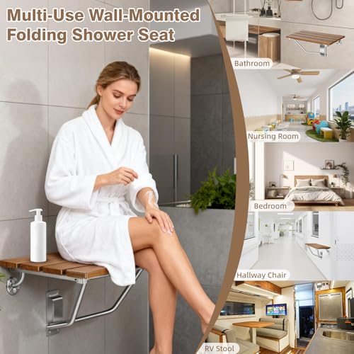 20'' Folding Shower Seat Wall Mounted, 500lb Load Capacity, Space-Saving | Folding Shower Bench with Stainless Steel Bracket, for Elderly, Pregnant Women, Kids, Disabled - size: 20 inches