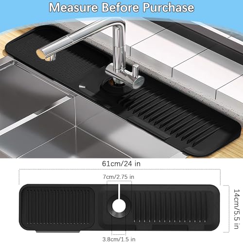 5° Slope Kitchen Sink Faucet Mat, Kitchen Sink Splash Guard, Silicone Material Easy to Clean, 24*5.5 inch Large Size, Suitable for Bathroom, Laundry Room and RV,black - color: Black