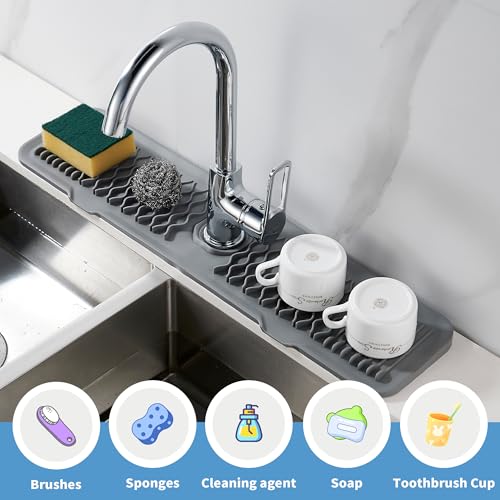 24inch Silicone Splash Guard Kitchen Sink Gray Dish Drying Mats Non-Slip | Sponge Holder Bathroom Countertop Protect Kitchen Sink Splatter Screen Faucet Air Drying Mat Drip Catcher Tray - color: Gray