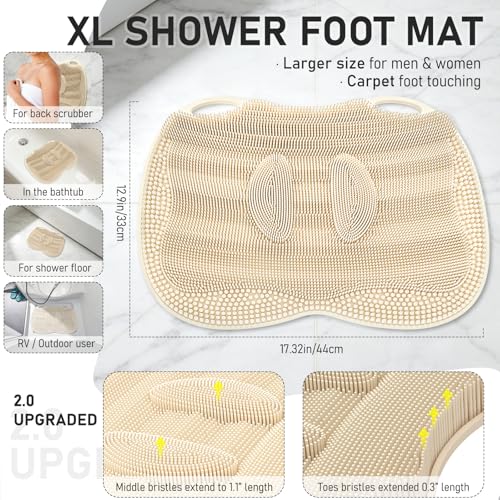 XL Shower Foot Scrubber Mat, Silicone Feet Massage Scrubber in Shower Clean Foot Toes Pad without Bending Non-slip Suction Cups Blood Circulation Exfoliate Smooth Achy Relief 17.4*13.4" Beige - color: 17.4*13.4" Beige