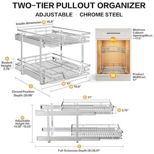 2-Tier Kitchen Cabinet Pull Out Cabinet Organizer,Shelf and Drawer Organizer Slide Out Pantry Storaqe Basket in Multiple Sizes (17" W x 21" D) - size: 17" W x 21" D